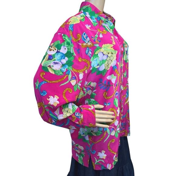 VTG Diane Von Furstenberg XL 100% Silk Button Up Blouse Floral Tropical Resort - Picture 7 of 16